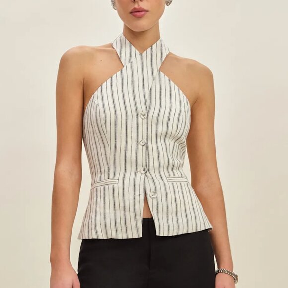 BEST Reformation Tate Linen Top Sz2 Elsie Stripe Black Cream Halter Casual - Picture 4 of 10
